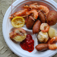 Shrimp boil with Petit Jean Meats Arkansas style smoked sausage in Ft. Morgan, Alabama. Part of the #FNBeach trip.