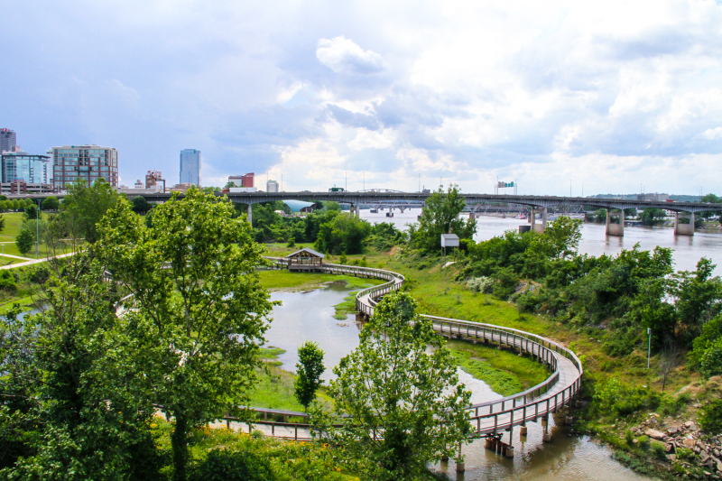 Overlooking the Arkansas River from the Clinton Presidential Park Bridge in Little Rock, Arkansas.